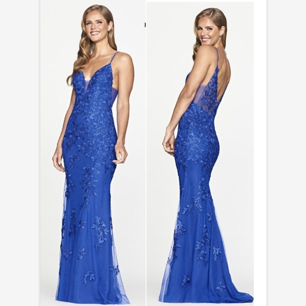 NWT Faviana Glamour S10509 Satin Mermaid Gown Royal Blue SZ 4